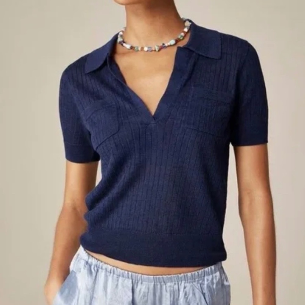 NWT J.Crew Navy Short-sleeve polo shirt in linen SZ XXS